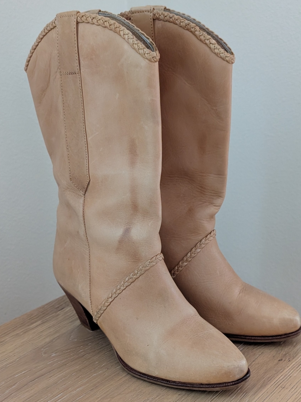 Vintage Authentic Leather Braided Trim Western Cowboy Boots In Beige - Size  7
